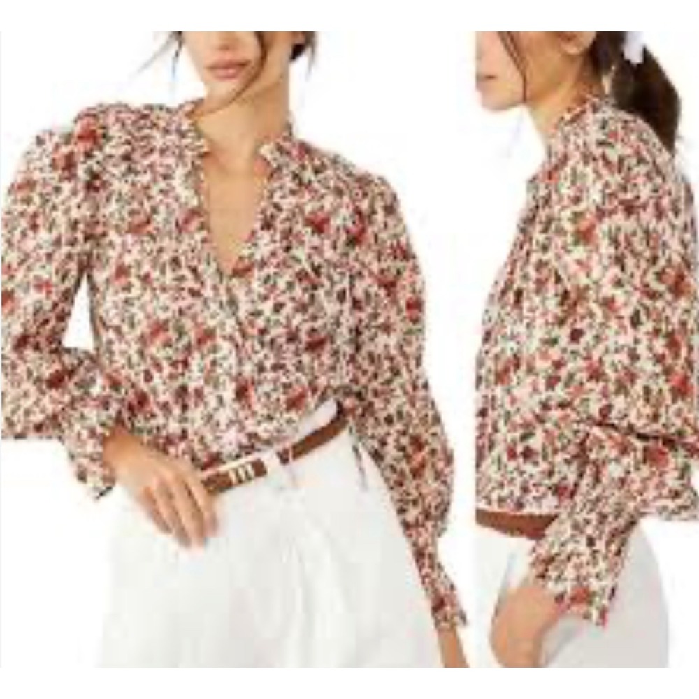 Free People Floral Blouse‎ with Tie Neck Long Sleeve Smocked  Ruffle Cuffs XS
